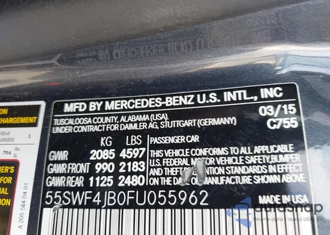 2015 Mercedes-Benz C 300 из США, поврежденный, VIN 55SWF4JB0FU055962